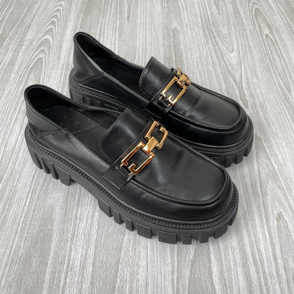 Lattelier Vegan Leather Platform Loafers With Chain Black